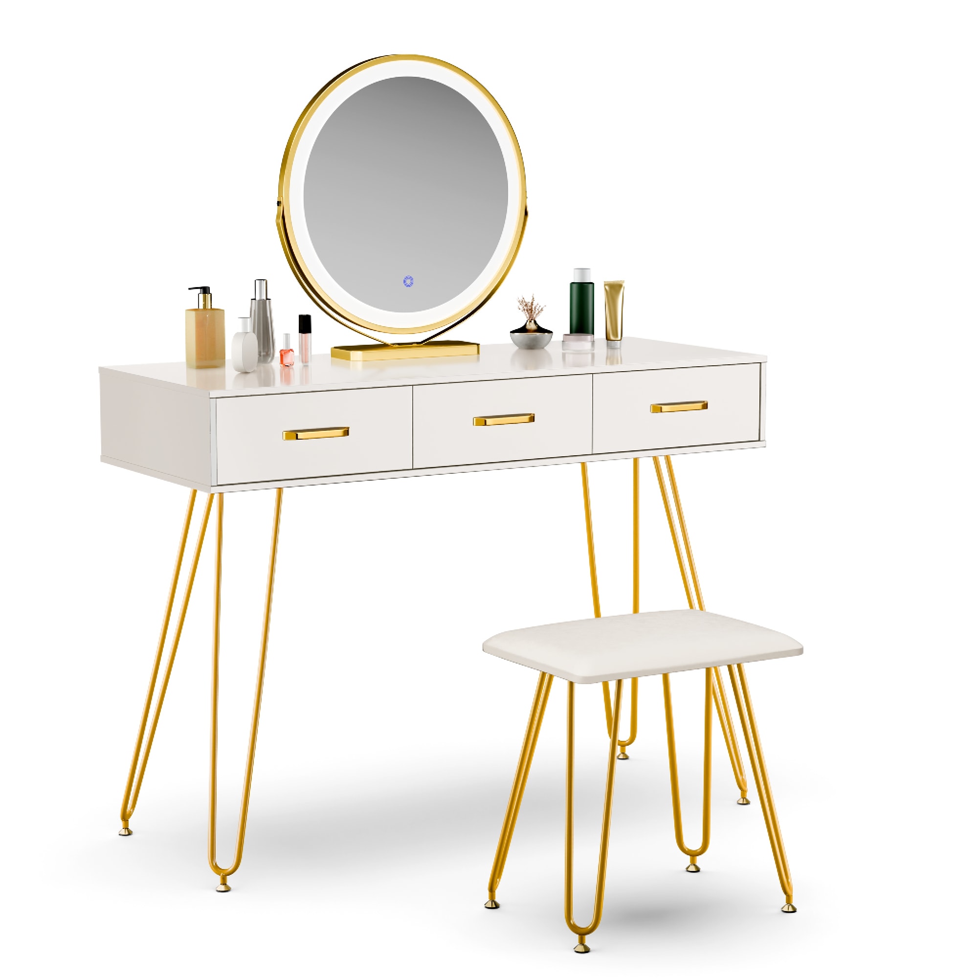 Blumfeldt LuxeConnect sada LED toaletního stolku | včetně židle | otočné LED-zrcadlo | USB-port