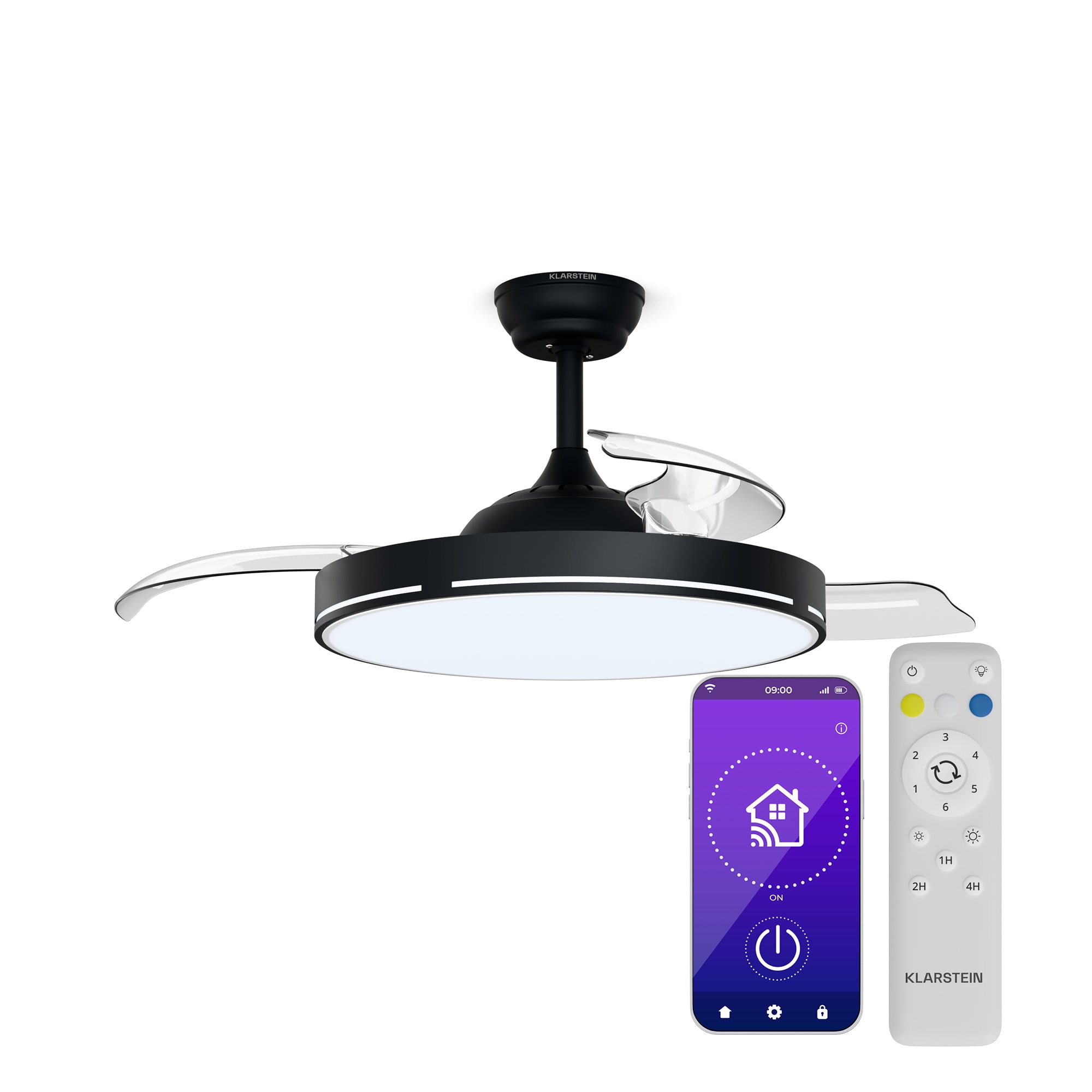 Klarstein AirFold | Chytrý stropní ventilátor | Skládací lopatky | Nastavitelné LED světlo | Smart